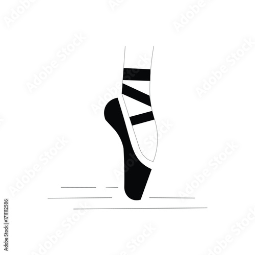 Minimalist black and white illustration of a ballet dancer's foot in pointe shoes on the floor.