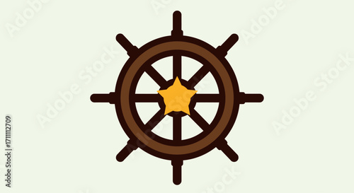 A stylized, flat design illustration of a brown ship's wheel with a golden star at its center, set against a pale background.