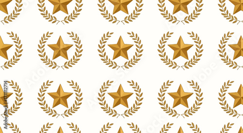 A repeating pattern of golden stars enclosed within laurel wreaths, symbolizing achievement and recognition against a clean white background.