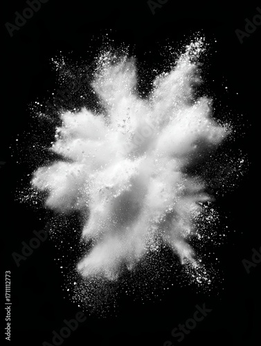 A dramatic explosion of white powder on a black background, showcasing texture and motion, Ideal for use in creative projects, advertisements, or backgrounds to convey energy and transformation,
