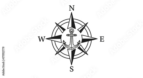 A nautical compass rose with an anchor at its center, indicating cardinal directions North, South, East, and West, on a white background.