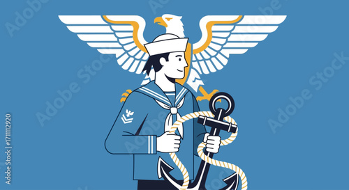 A sailor in uniform holds an anchor with rope, an eagle with outstretched wings behind him, all on a blue background.