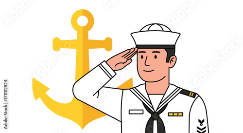Cartoon illustration of a smiling sailor in uniform saluting with a golden anchor in the background.