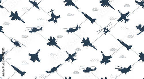Seamless pattern featuring silhouettes of various military aircraft, including fighter jets and helicopters, connected by a geometric grid against a white ba...