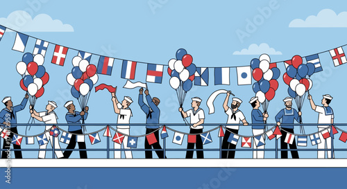 Sailors on a ship's deck celebrating with flags and balloons.
