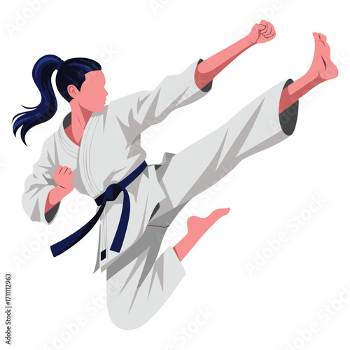 Woman practicing martial arts character vector illustration. Perfect for fitness, self defense, sport, training, and action themed designs.