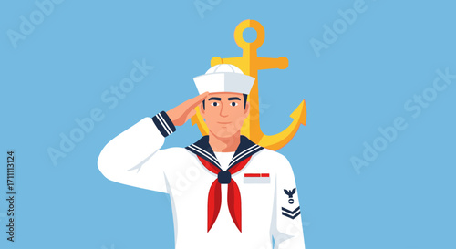 A proud sailor in a traditional white naval uniform saluting with a golden anchor in the background.
