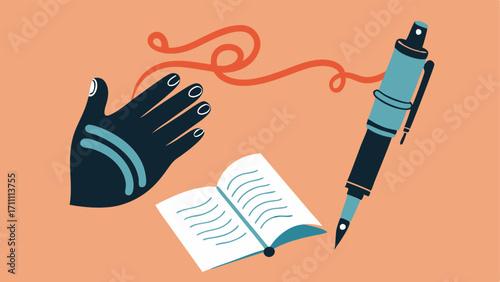Book Writing A bionic hand holding a pen writing elegantly in a notebook with flowing cursive text and an ink blot nearby.