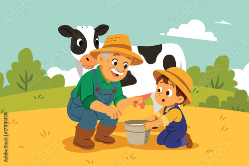 Farmer Teaching a Kid How to Milk a Cow Vector Illustration