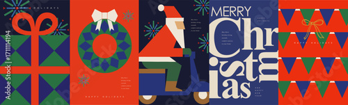 Merry Christmas and Happy New Year. Vector modern geometric illustration of a gift, wreath, Santa Claus on a scooter, typography, and festive flags garland for a minimalist greeting card, background