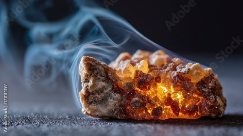 Burning amber piece close up