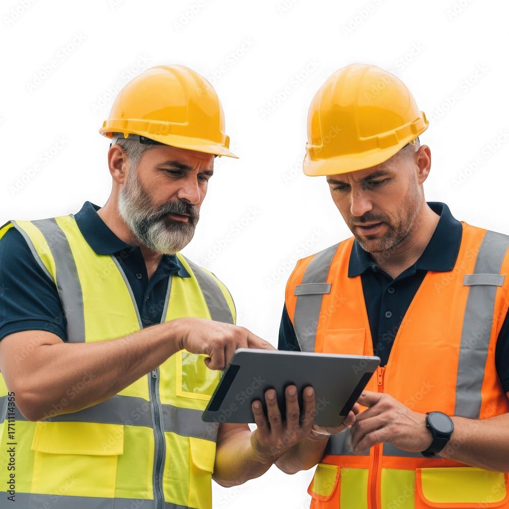 Fototapeta premium Two construction workers in hard hats and safety vests looking at a tablet computer, isolated on transparent background