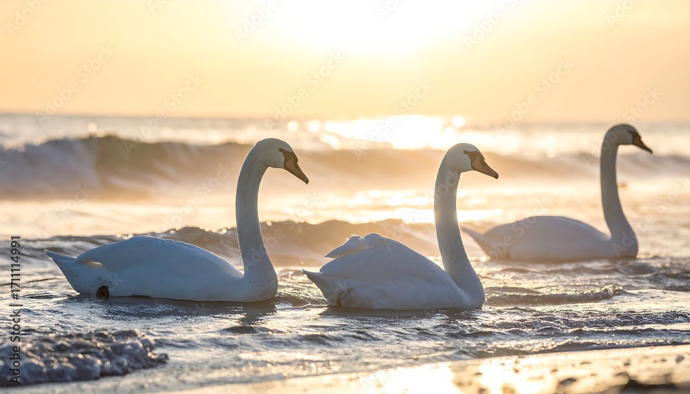 Fototapeta premium A tranquil scene features three graceful white birds floating in shallow water, illuminated by a golden sunrise. Gentle waves lap the shore