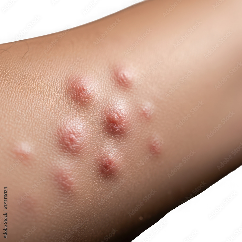 Fototapeta premium Closeup of a cluster of red, inflamed pimples or acne lesions on human skin, isolated on transparent background