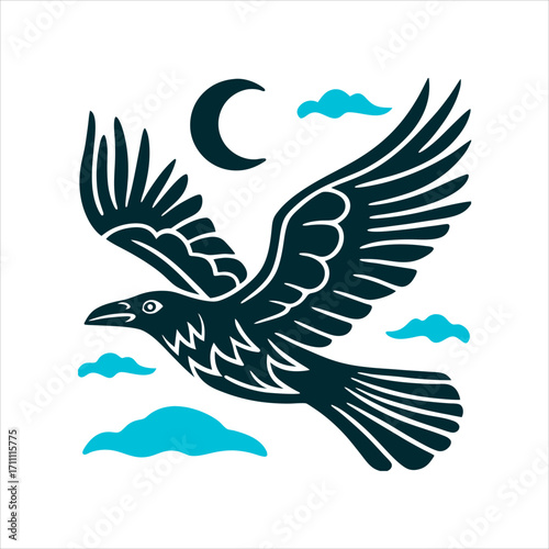 Stylized Crow in Flight with Moon and Clouds bird augury a crow in flight with spread wings