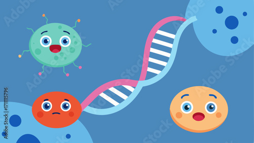 Cellular Aging A cartoonstyle image showing a DNA strand next to faster and slower aging cells visually explaining the connection between genetics and cellular aging.