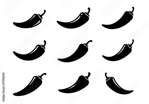 Black Silhouette of Chili Peppers in Various Shapes and Orientations.