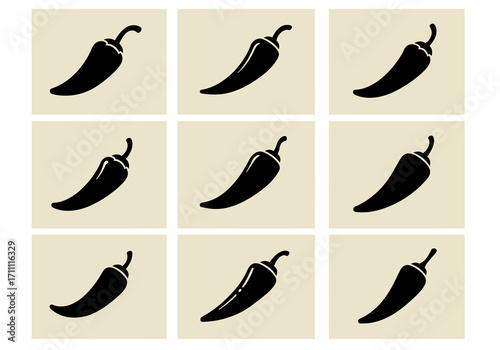 Black Chili Pepper Icon Grid Pattern on Beige Background.