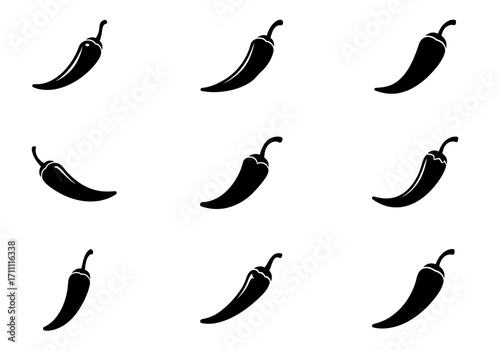 Black Silhouette of Chili Peppers Pattern on White Background.