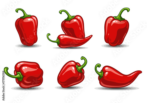 Cartoon Illustration of Six Glossy Red Bell Peppers with Green Stems.