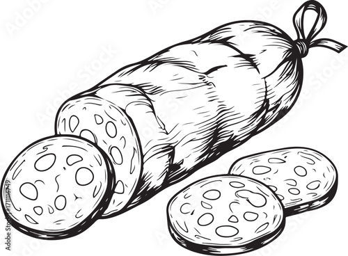 Salami Sausage from Pork Vector Illustration, Sketch Drawing Line Linear Symbol Icon Engraving Coloring Book, Hand-drawn Doodle Black and White Isolated