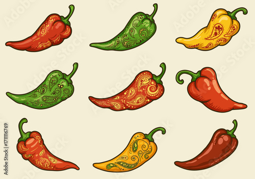 Colorful Chili Peppers with Decorative Paisley Patterns in Red Green and Yellow.