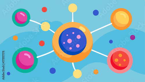 Cellular Network A colorful illustration showing interconnected cells with exosomes traveling between them symbolizing communication and rejuvenation in the skin.