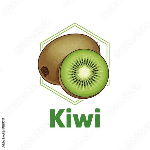 Detailed fruit logo with whole kiwi and cross-section slice inside hexagon frame