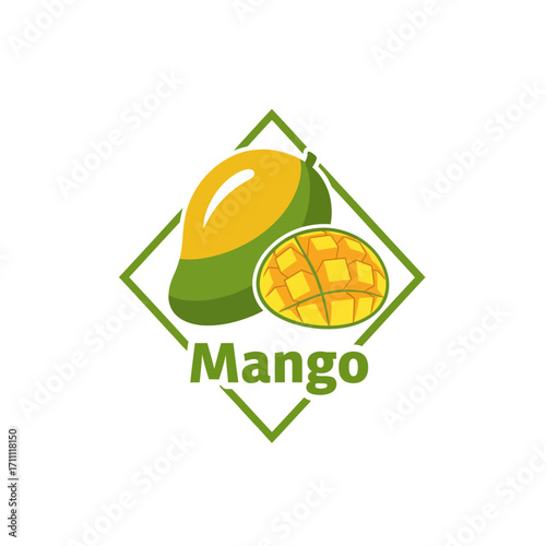 Flat fruit logo with whole mango and cube-cut slice inside diamond frame