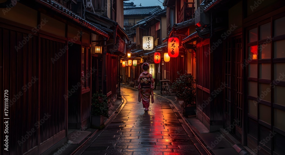 Obraz premium Elegant geisha walks down atmospheric Kyoto street at dusk, illuminated by traditional glowing lanterns and reflections on wet cobblestones