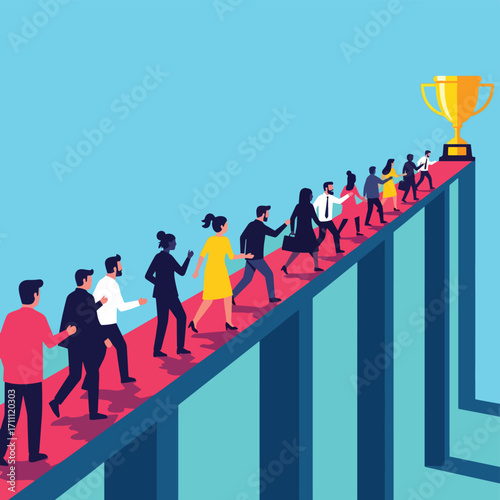 Diverse group of business people walking up a path to a trophy.