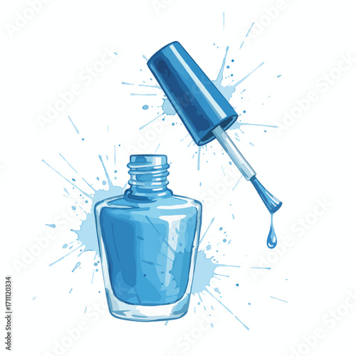 Watercolor vector illustration blue nail polish tube with brush and drops on white background
