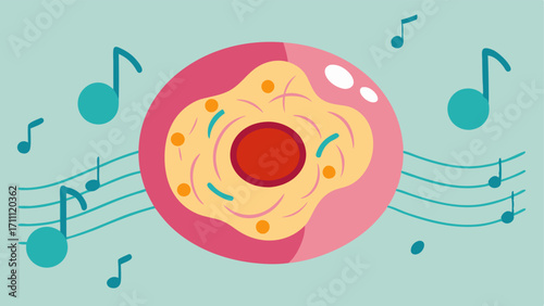 Cellular Symphony A musical representation where skin cells are instruments and exosomes are musical notes creating a harmonious vibe of regeneration and cellular turnover.