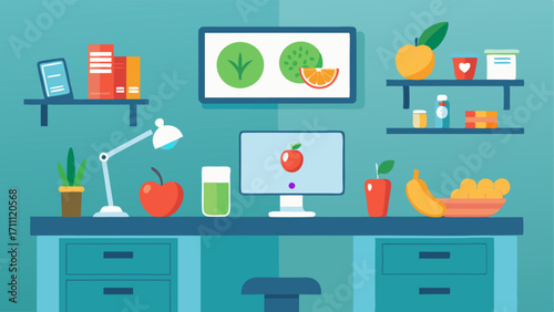 A nutritionists office with a desk computer and shelves of healthy food choices.