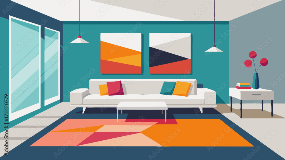 Naklejka premium A modern openconcept living space with a sleek white kitchen at one end and a seating area with a bold geometric rug and a leather sofa at the other. A large abstract painting in