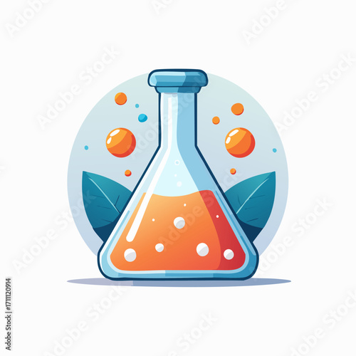 A glass laboratory flask filled with orange liquid on a white background is an icon of chemistry and medical research.