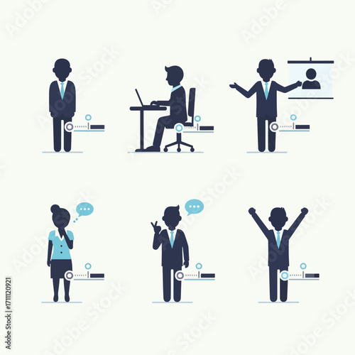 Set of business people silhouettes in various work situations and poses.
