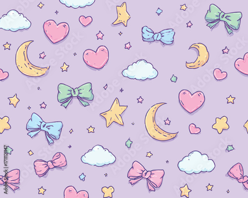 Pastelowy, bezszwowy wzór z elementami kawaii