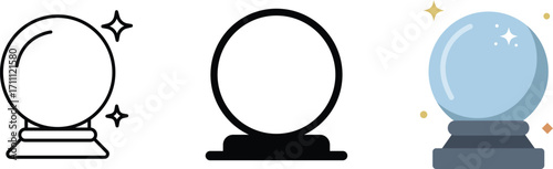 Crystal Ball Icon Set – Fortune, Magic, Astrology, Mystic, Divination, Prediction, Symbol, Vector
