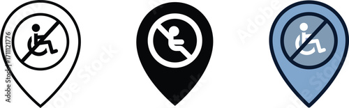 Disabled Location Restriction Icon Set – No Access, Wheelchair, Handicap, Map, Prohibited, Marker Vector Illustration Design