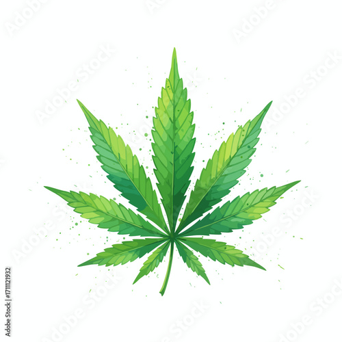 Watercolor vector illustration green marijuana leaf on white background