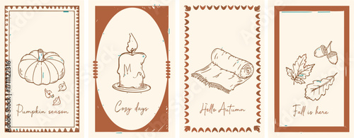 Hand-drawn collection of four vintage-style cards celebrating the cozy autumn season with pumpkin, candle, and leaf sketches