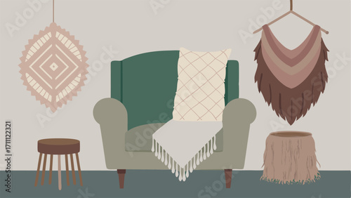 A mix of textures such as a gy faux fur throw a woven macrame wall hanging and a plush velvet armchair.