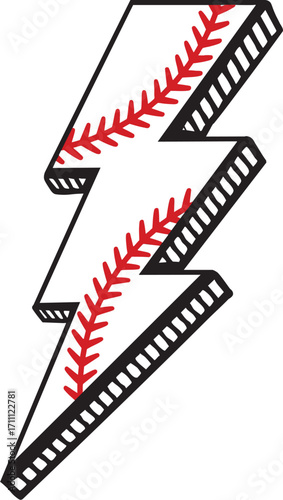 Baseball Lightning Bolt – Sports Vector Art - Lightning Bolt Filled with Baseball Stitch Pattern – Monochrome and Red Illustration