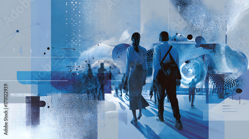 Silhouettes of people walking in a modern abstract and blue-toned environment.