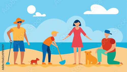 Family Fun at the Beach A family with a member using crutches and a child with a guide dog enjoying a sunny day on the beach playing with beach toys and building sandcastles.