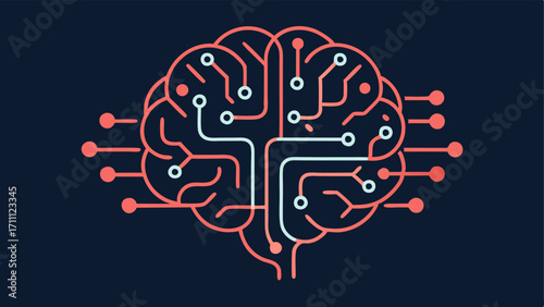 Brain with Circuitry An outline of a human brain filled with circuit patterns representing the integration of technology with human cognition.