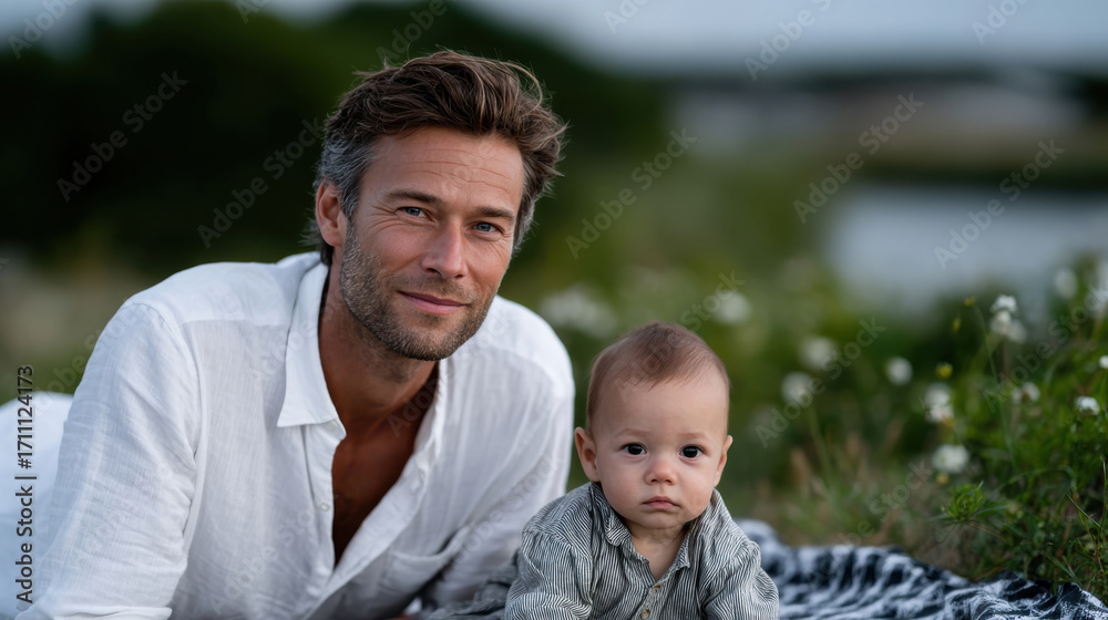 Fototapeta premium A beautiful capture of a father and his baby enjoying a gentle moment together on a blanket in nature, emphasizing the serene bond shared between parent and child.