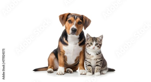 A cute dog and cat sit side by side on a clean white background, symbolizing friendship, companionship, and the loving bond between pets, capturing the innocence and warmth of beloved household animal