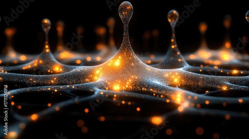 Abstract nanoscale landscape with glowing particles and cellular structures